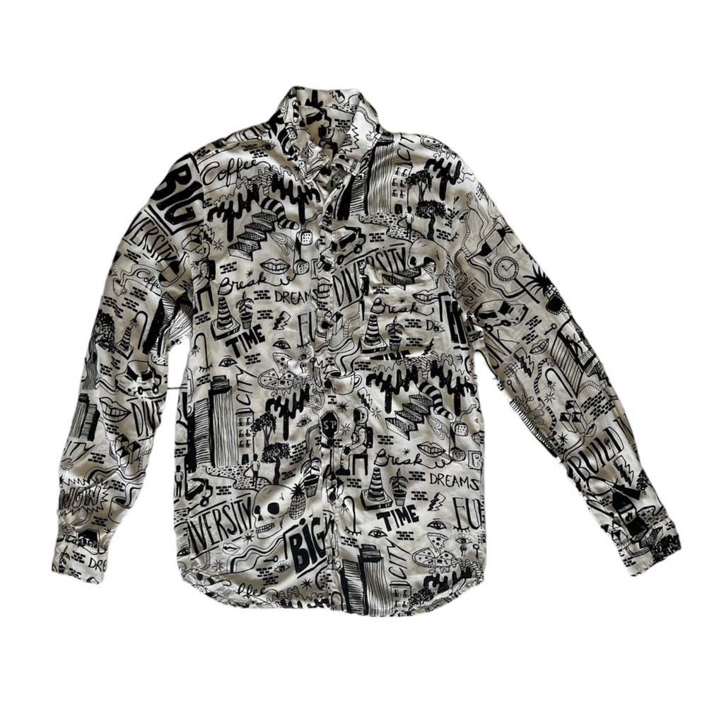 ZARA Graphic Button Up Shirt Black and White